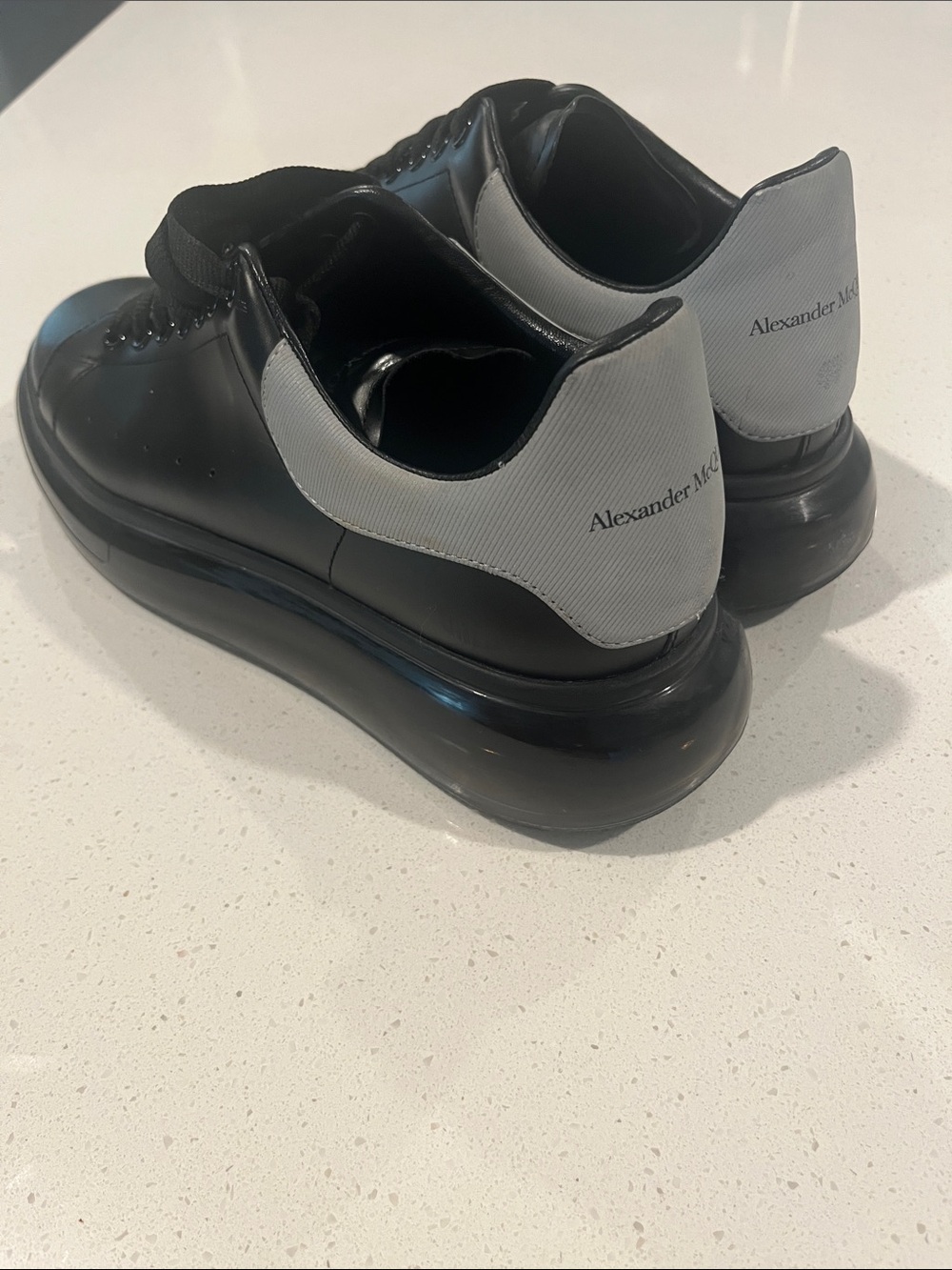 Alexander McQueen 9.5 Black Leather Sneakers with Light Gray Heel Tab